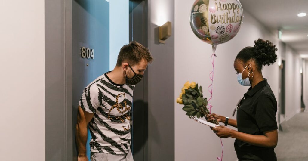 高級ギフトを受け取って驚きと喜びの表情を浮かべる人。和の雰囲気と温かさが伝わる。