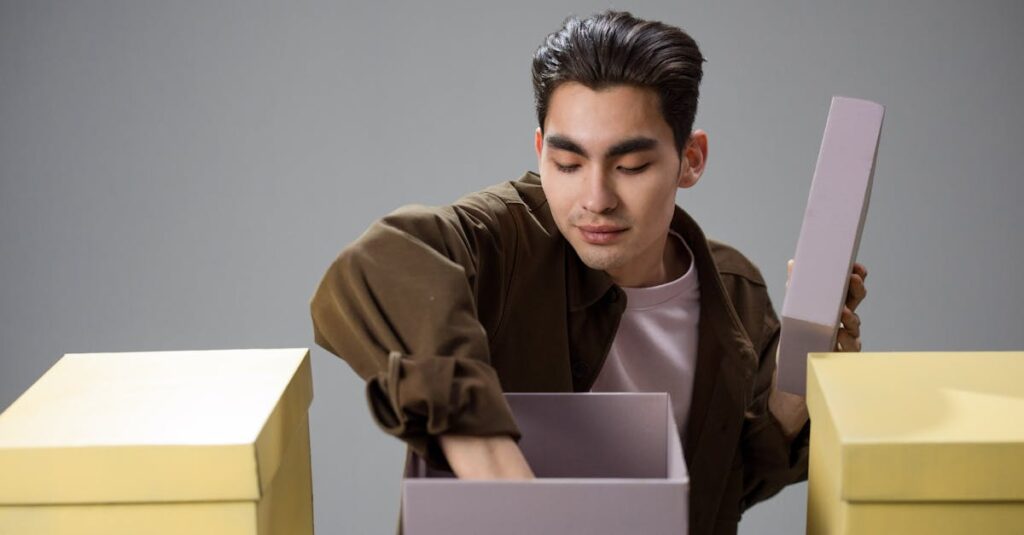 高級食材ギフトを開封する瞬間。美しい包装と整然と並んだ食材が印象的。